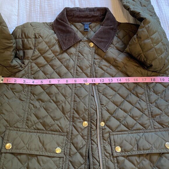 J Crew Dark Olive Green Quilted Barn Jacket with Brown Corduroy Collar Small - Picture 9 of 10